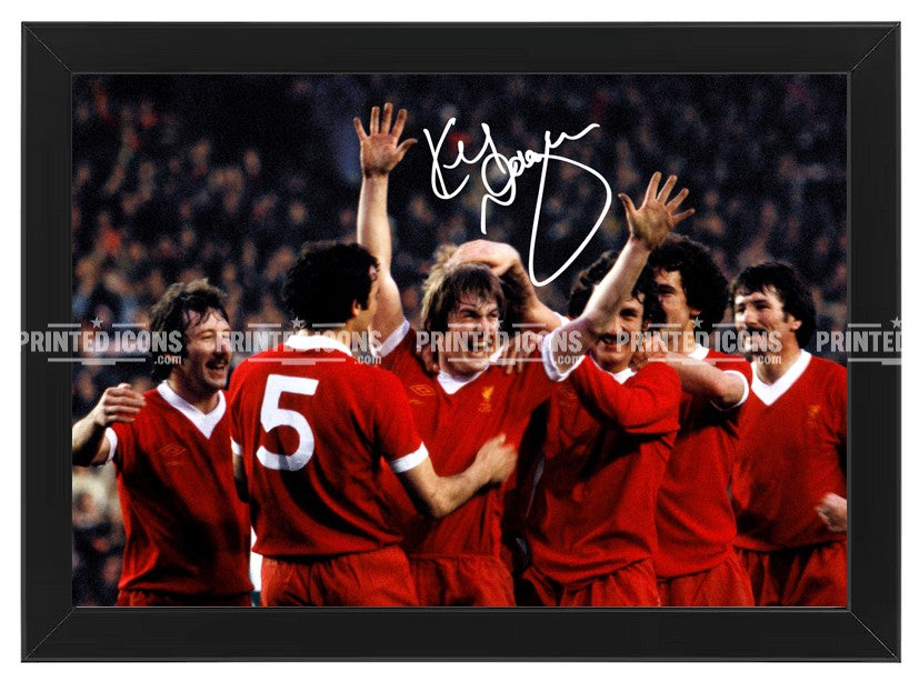 Framed Kenny Dalglish printed autograph photograph featuring Liverpool teammates