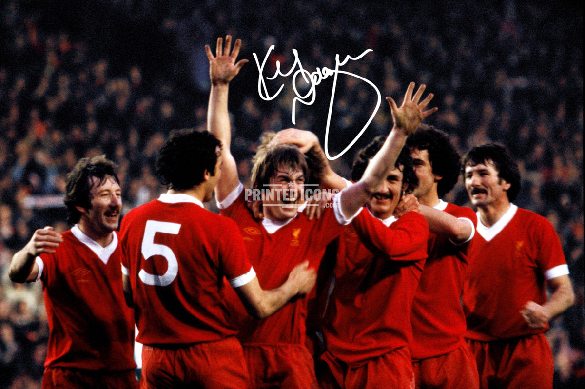 Kenny Dalglish celebrating with Liverpool FC players, printed signature photo