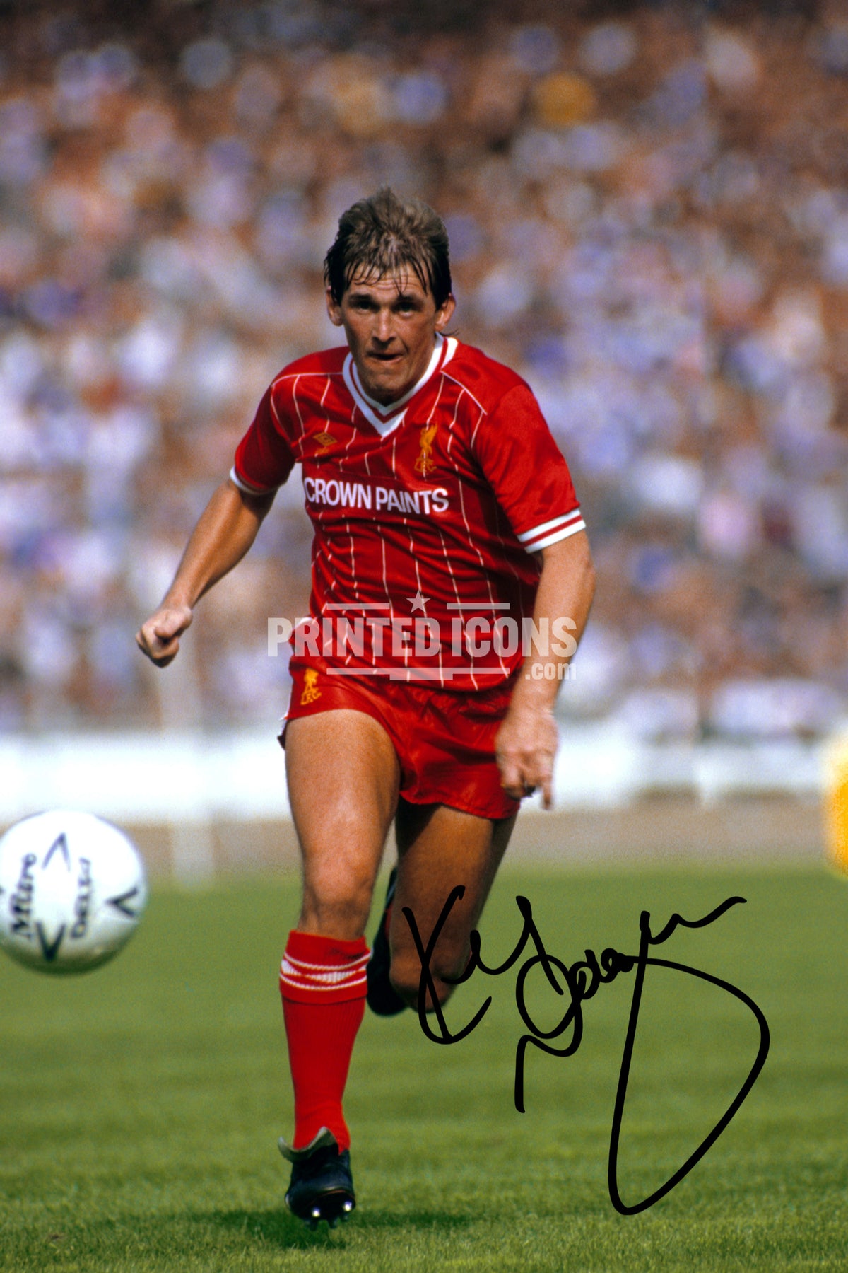 Kenny Dalglish Liverpool FC 1980s Crown Paints shirt printed autograph photo