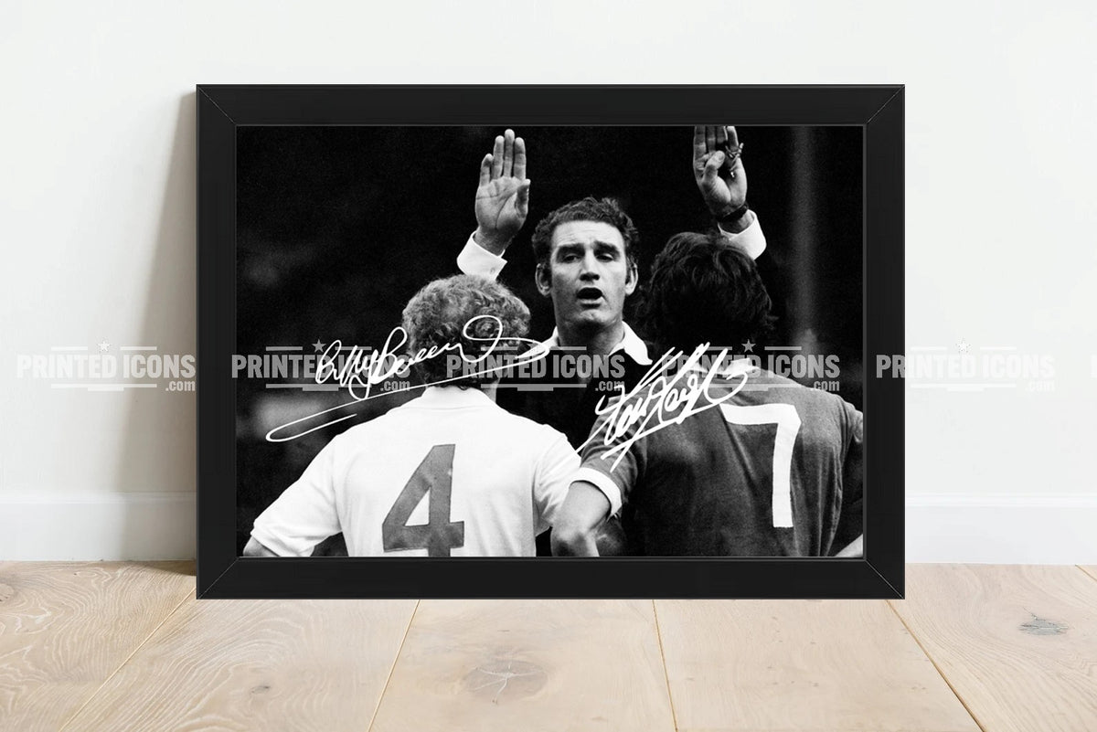 1974 Charity Shield Billy Bremner and Kevin Keegan framed football photograph on display