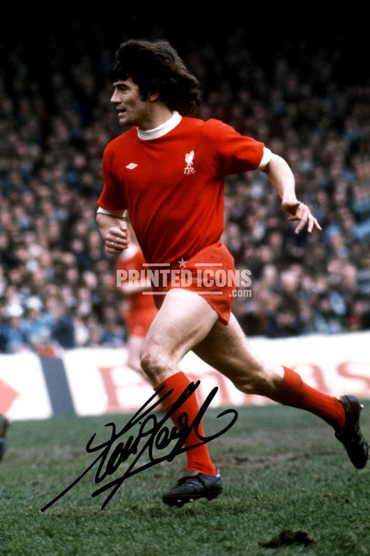Kevin Keegan Liverpool FC action photograph in the iconic red kit with printed autograph, available as a premium A4 or A3 football memorabilia print.