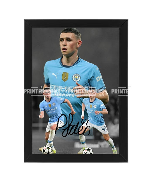 Phil Foden Manchester City signed photo montage with printed autograph. Man City Icons. Black Frame