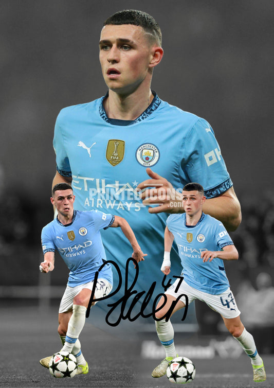 Phil Foden Manchester City signed photo montage with printed autograph. Man City Icons. Black Frame