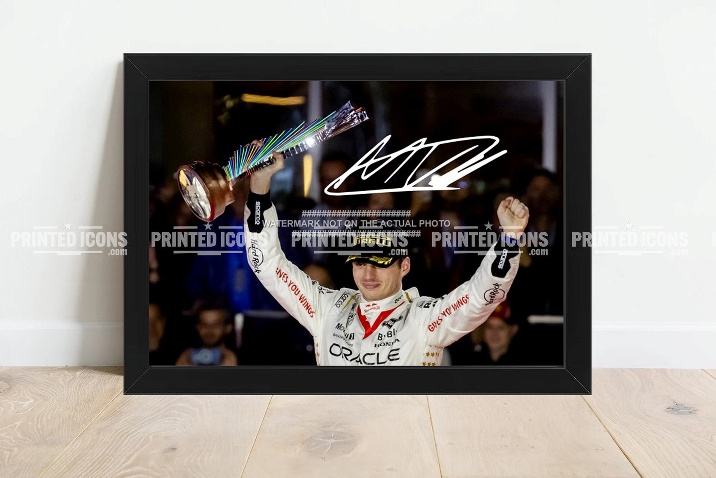 Max Verstappen F1 signed photo print with printed autograph. Black frame - framed photo autograph.