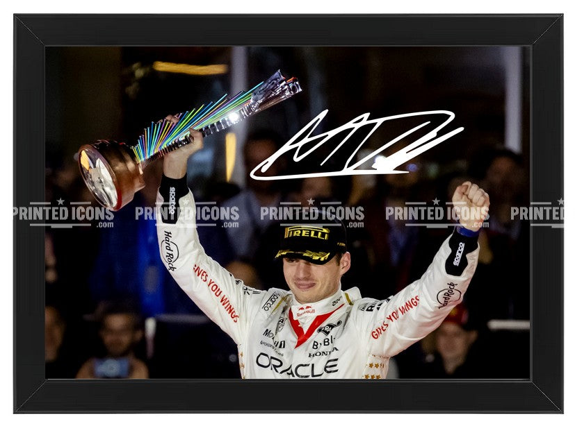 Max Verstappen F1 signed photo print with printed autograph. Black frame - framed photo autograph.