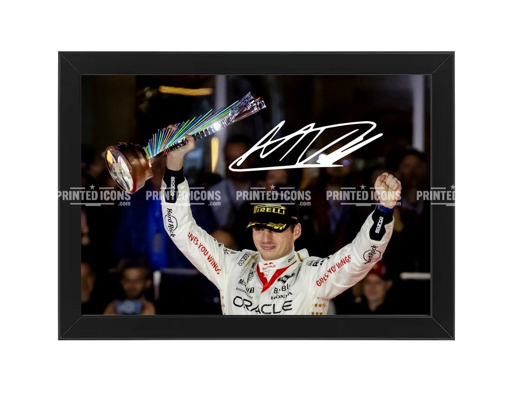 Max Verstappen F1 signed photo print with printed autograph. Black frame - framed photo autograph.