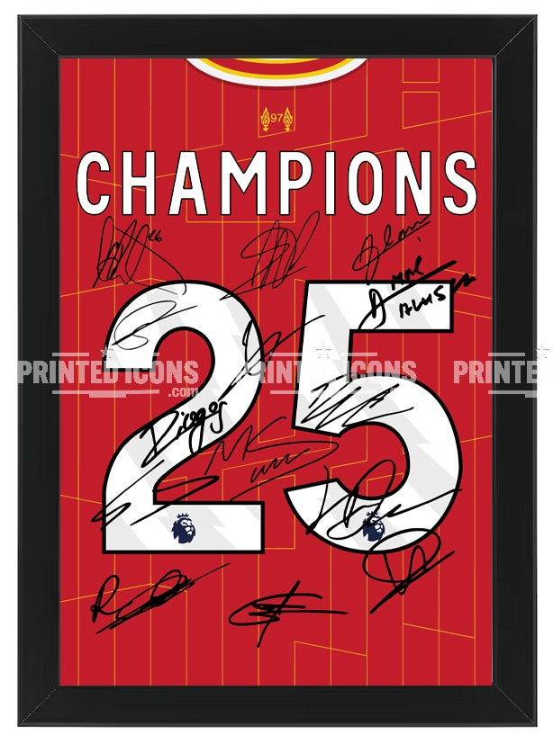 Liverpool 2024 - 2025 winning Premier League squad signed print. Signed by the squad and Arne Slot, this print is an iconic piece of memorabilia for any Liverpool fan. These printed autographs are taken from certified originals. This item can come as print only or ready framed - these make a great gift.