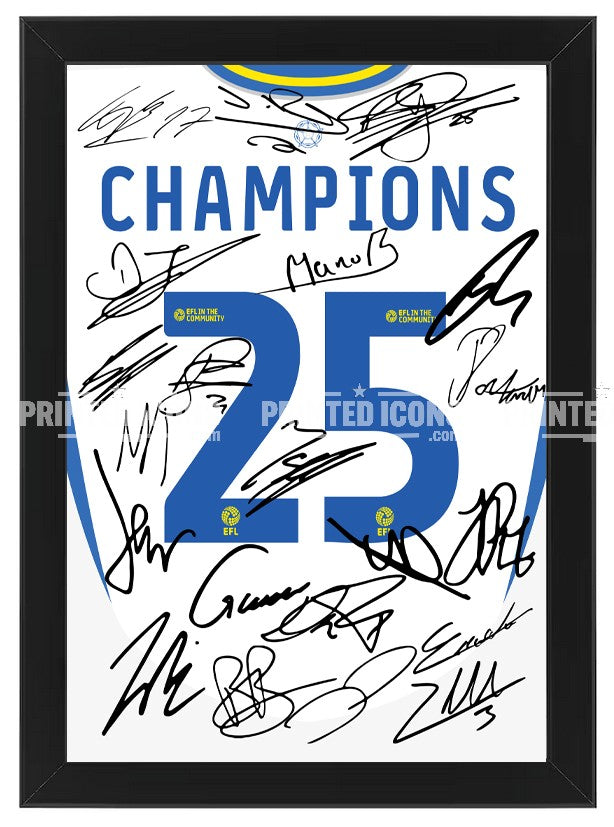 Leeds United 2024 - 2025 winning Championship squad signed print. Signed by the squad and Daniel Farke, this print is an iconic piece of memorabilia for any Leeds fan. These printed autographs are taken from certified originals. This item can come as print only or ready framed - these make a great gift.