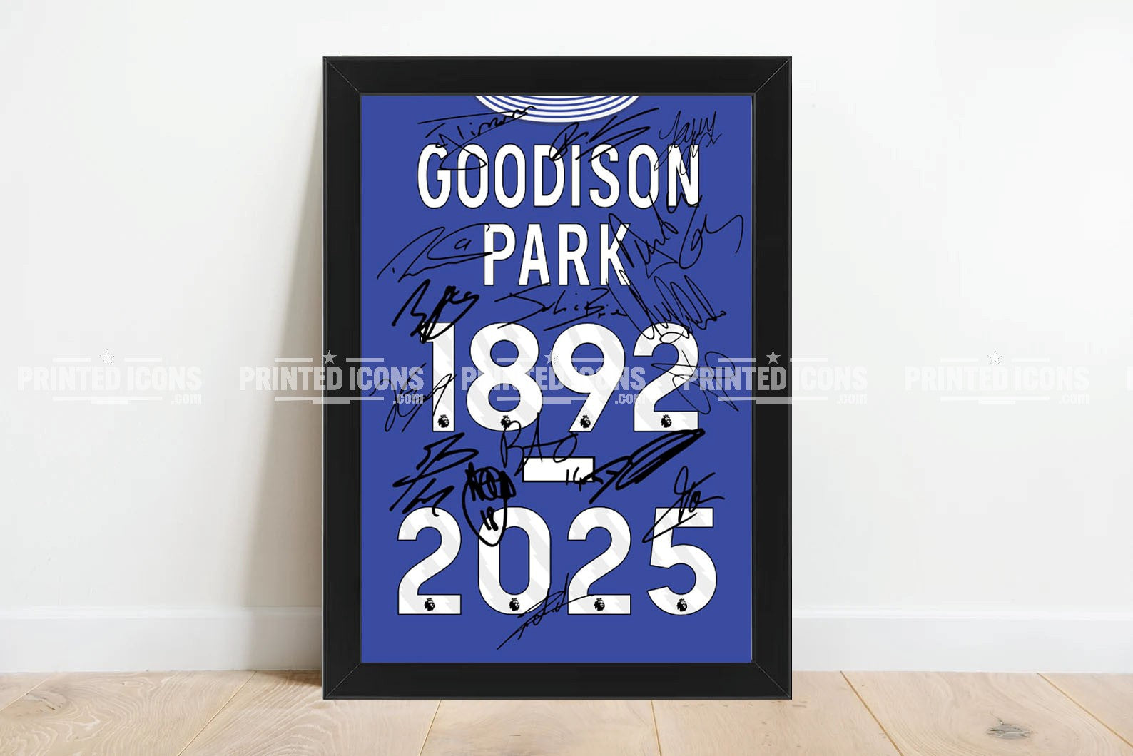 The 2025 Farewell Goodison Park Everton Multi Signed Print Photo Autograph by My Store features black autographs on a blue and white sign, displayed framed—an ideal collector’s item for any Everton fan.