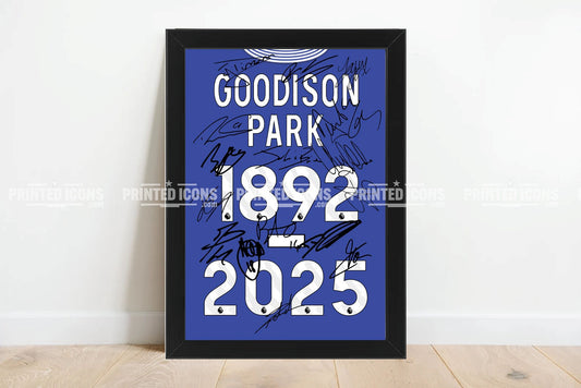 The 2025 Farewell Goodison Park Everton Multi Signed Print Photo Autograph by My Store features black autographs on a blue and white sign, displayed framed—an ideal collector’s item for any Everton fan.