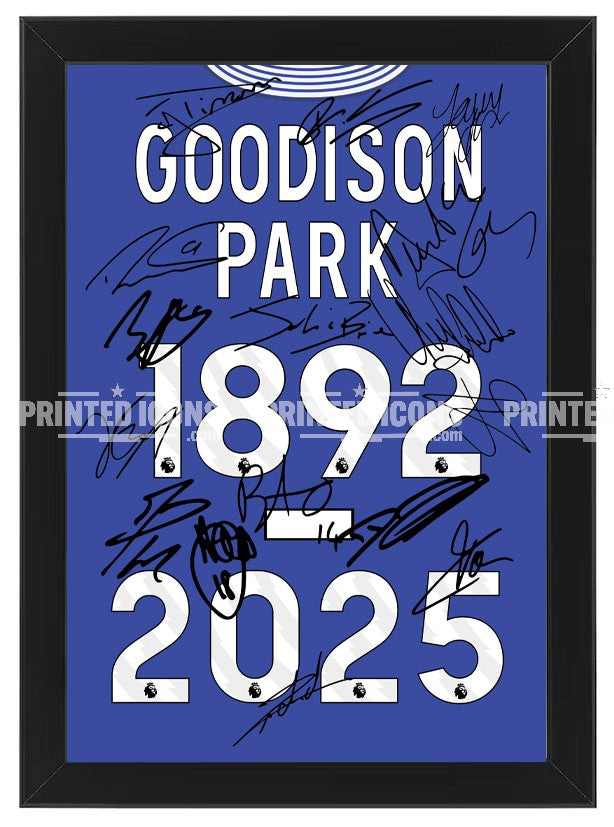 The My Store 2025 Farewell Goodison Park Everton Multi Signed Print Photo Autograph features a framed blue poster with printed signatures, making it a unique piece of memorabilia for any Everton fan.