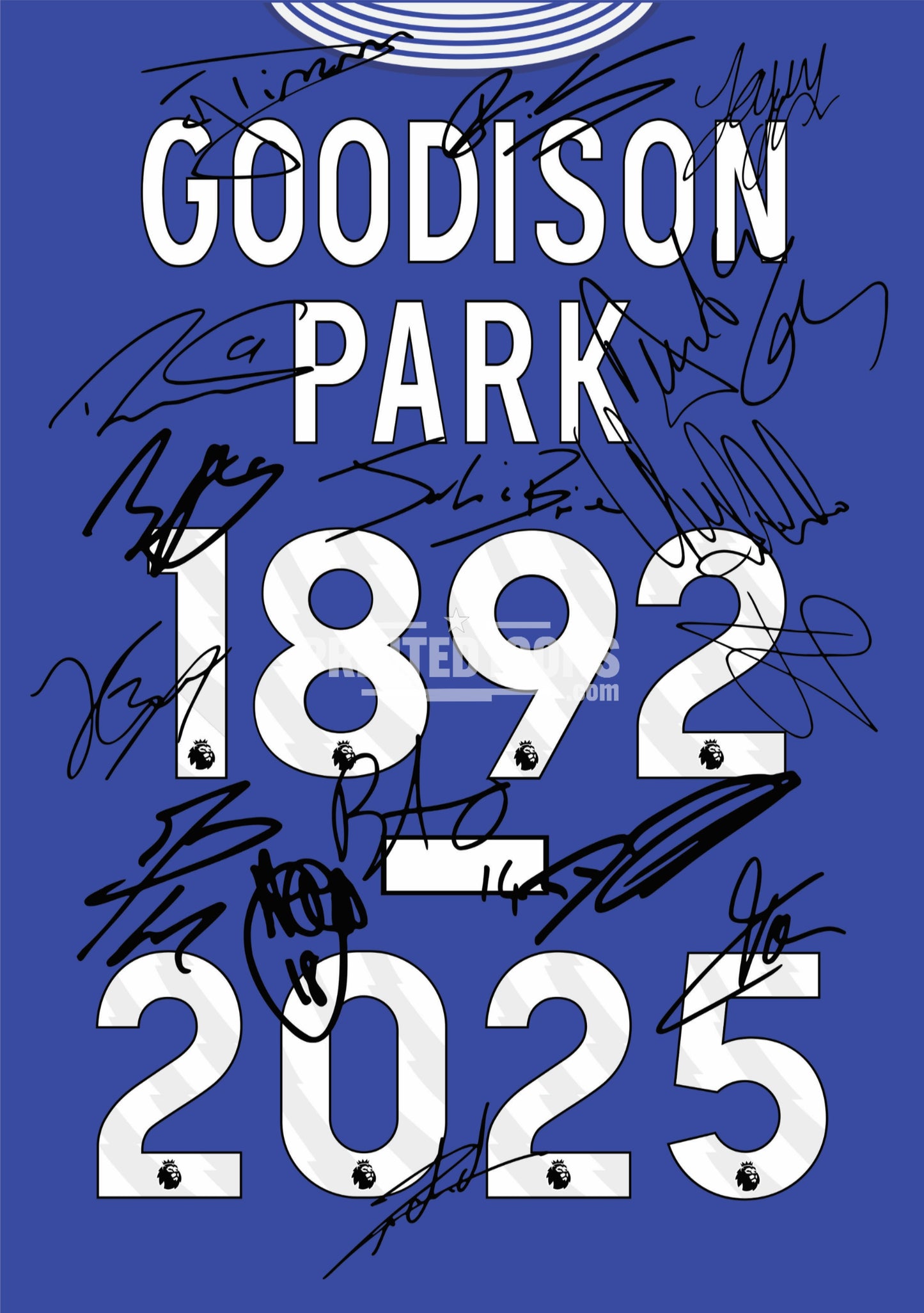 The 2025 Farewell Goodison Park Everton Multi Signed Print Photo Autograph by My Store features large white “GOODISON PARK 1892–2025” text, printed signatures, and Premier League lion logos—an exclusive piece of Everton memorabilia.