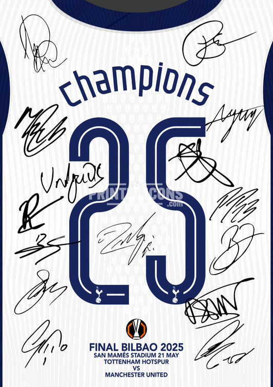 Tottenham 2025 Europa League Champions print with reproduced squad autographs. A wonderful gift for a Spurs fan.