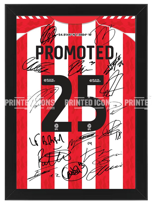 The 2025 Sunderland Promotion Multi Signed Print Photo by My Store features squad autographs and printed coordinates, celebrating Sunderland’s promotion with "PROMOTED 25" on a red and white striped design.