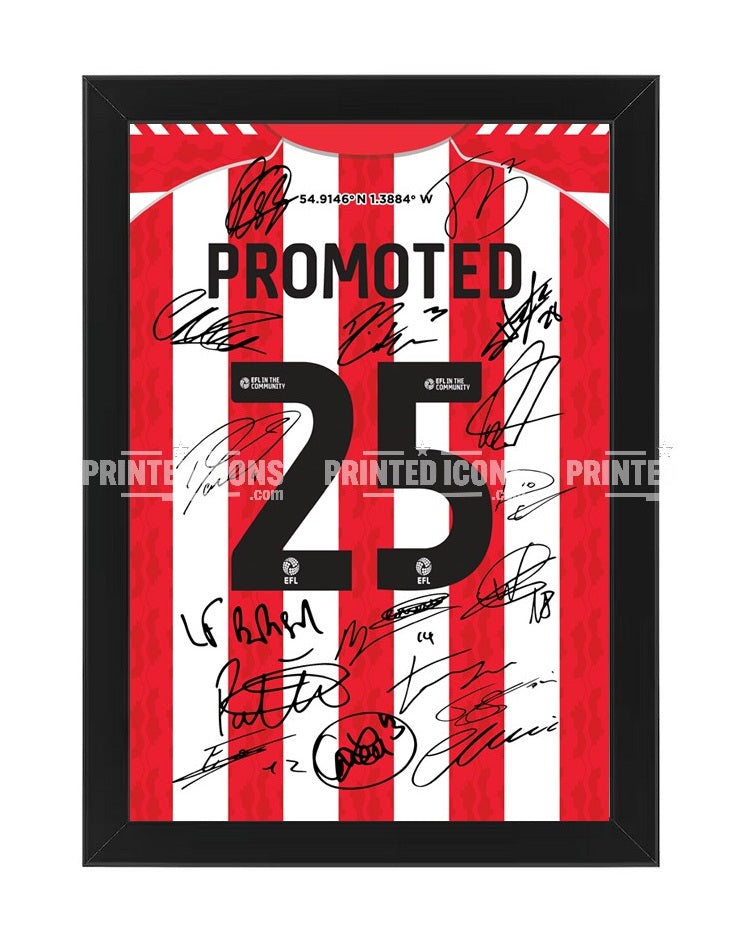 Framed Sunderland 2025 promotion multi signed print with squad autographs