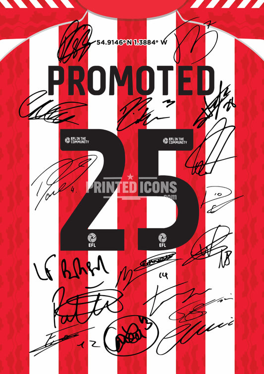 The 2025 Sunderland Promotion Multi Signed Print Photo from My Store features squad autographs and celebrates Sunderland’s promotion.