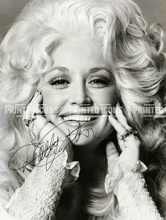 Dolly Parton black and white portrait signed-style print with reproduced autograph